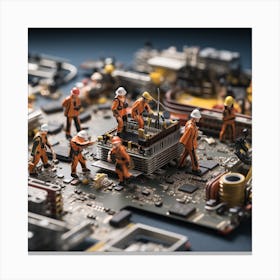 Miniature Workers On A Computer Motherboard 1 Canvas Print