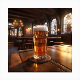 A glass of beer on a wooden table in a typical British pub. Photo realistic. Canvas Print