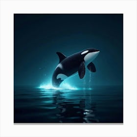 An Orca With Bioluminescent Markings, Breaching Through Glowing Waters At Night Canvas Print