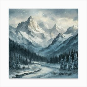 High Snow Covered Mountains And Falling Snow Canvas Print