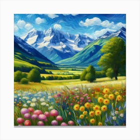 Meadow In The Mountains With Rolling Hills, And Wildflowers painting Art Canvas Print