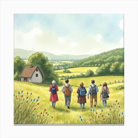 Watercolor Depiction Of Romanian People Exploring English Countryside 1 Canvas Print