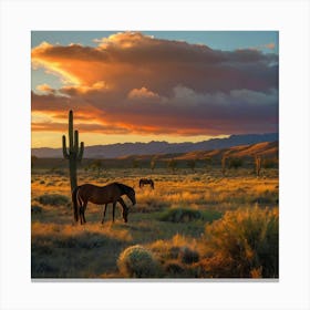 Horses Grazing In The Desert 1 Canvas Print