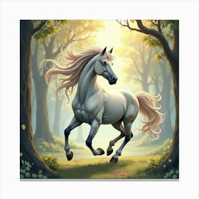 An Elegant Horse With A Mane Of Flowing, Watercolor Swirls Galloping Through A Fantasy Forest Canvas Print