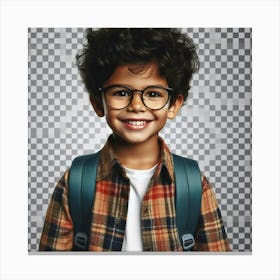 An adorable, curly-haired, bespectacled young boy wearing a plaid shirt and backpack, with a bright smile on his face Canvas Print