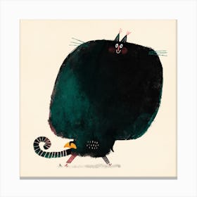 Black Walking Cat With Croissant Canvas Print