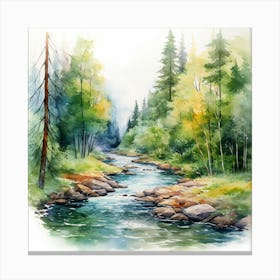 Watercolor Of A River In The Forest Canvas Print