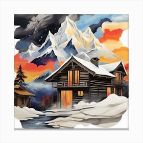Abstract painting snow mountain and wooden hut 1 Canvas Print
