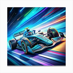 A Blue Formula One Race Car Speeding On A Track With Bright Lights 1 Canvas Print