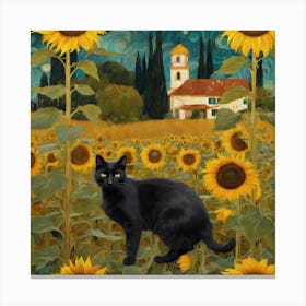 Gustav Klimt Inspired , Farm Garden With Sunflowers And A Black Cat 6 Canvas Print
