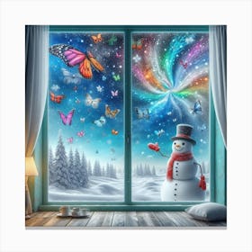 Snowman With Butterflies Canvas Print