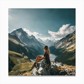 Woman Sitting On Top Of Mountain Canvas Print