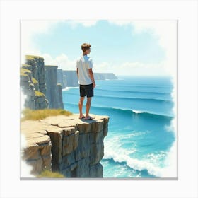 Watercolor Of Justin Bieber Standing At The Edge Of A Cliff, Ocean Below Canvas Print