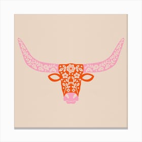 Floral Longhorn   Pink And Orange Square Canvas Print