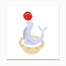 Cherry Bakewell Seal, Fun Circus Animal, Cake, Biscuit, Sweet Treat Print, Square Canvas Print