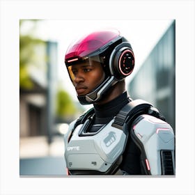 The Image Depicts A Stronger Futuristic Suit For Military With A Digital Music Streaming Display 4 Canvas Print
