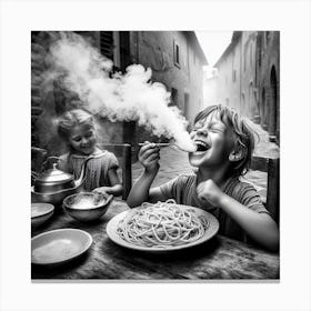 Children Eating Spaghetti Canvas Print