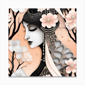 Chinese Woman With Flowers Japanese Textured Monohromatic Canvas Print