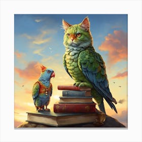Parrots On Books Canvas Print