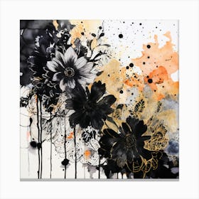 Black And Orange Flowers, Abstract Floral Painting, Abstract Floral Painting, Design An Eclectic Collage With Overlapping Layers Of Lace Watercolor Splatters And Black Canvas Print