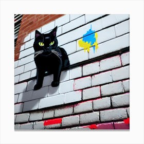 3D, Black Cat On Brick Wall Canvas Print