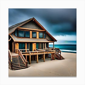 House On The Beach with blue water sky Canvas Print