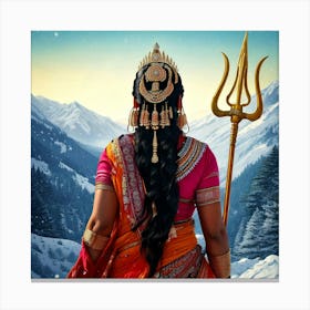 Firefly Indian, Married Woman, Sari, Traditional, Durga, Trident, Weapon, Snow, Hills, Backward View (8) Canvas Print