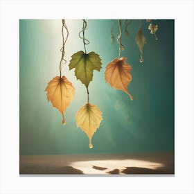 Four Leaves In Various Shades Of Green And Brown Hanging Upside Down, With Water Droplets Forming At Their Tips Against A Teal Background Canvas Print