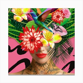 Mother Nature With Humming Bird Flowers And Tattoo In Pink Canvas Print