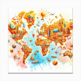 Splashy World - Watercolor Painting of a World Map with Warm and Bright Colors Canvas Print