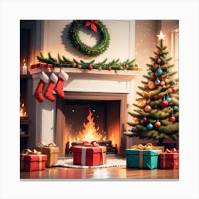 Christmas Presents Under Christmas Tree At Home Next To Fireplace Mysterious (4) Canvas Print