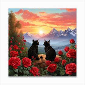 2 Cat And Red Roses Canvas Print