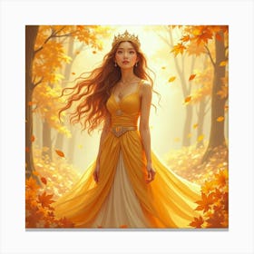 Radiant Young Queen Amidst A Watercolor Landscape Of Golden, Autumn Leaves Canvas Print