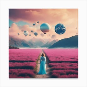 Make A Surreal Vintage Collage Of A Field With Planet Earth At The Center, A Couple Watching, Flying (9) Canvas Print