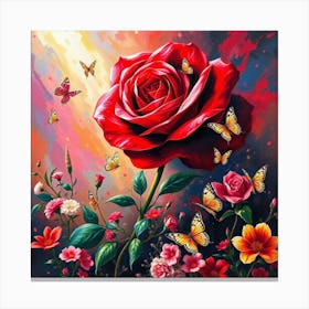 Red Rose With Butterflies 1 Canvas Print