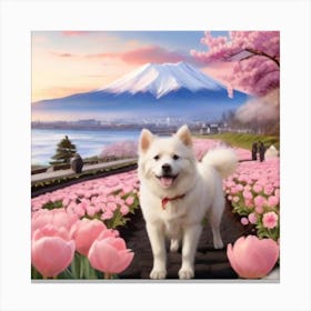 Pomeranian Dog In Pink Flowers Canvas Print
