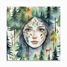 Watercolor Of A Girl In The Forest 1 Canvas Print