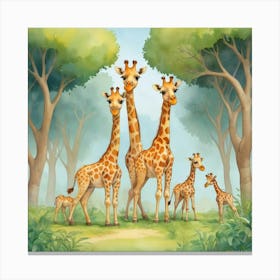 Cute Giraffe Herd Under The Trees Illustration 1 Art Print 2 Canvas Print