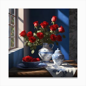Still Life with Red Roses and Blue & White Porcelain Canvas Print