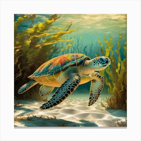 A Rustic Painting Style Of A Graceful Sea Turtle Canvas Print