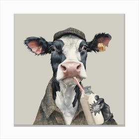 Watercolour Dairy Cow Drinking Milk Canvas Print