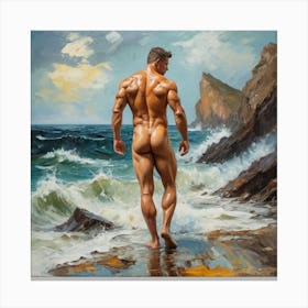 Muscular Nude Man On The Beach Canvas Print