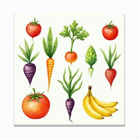 Colorful Veggies And Fruits Displayed In A Delicate Watercolor Setting 1 Canvas Print