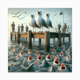 Seagulls On The Dock Canvas Print