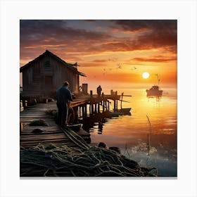 Sea Fisherman Mending Nets On A Rustic Wooden Dock At Dawn Mist Rolling Over Calm Waters Silhouett 537540339 (1) Canvas Print