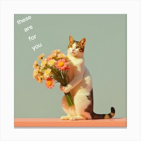 These Are For You, Cat Holding Flowers 1 Canvas Print