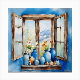 Blue wall. Open window. From inside an old-style room. Silver in the middle. There are several small pottery jars next to the window. There are flowers in the jars Spring oil colors. Wall painting.52 Canvas Print