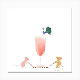 Champagne, Mice And Peacock Party Square Canvas Print