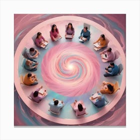 A Diverse Group Of People Sit In A Circle On A Platform With A Swirling Vortex Design Beneath Them Canvas Print