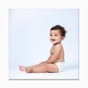 Beaming Infant Grinning Widely Seated In A Softly Lit Studio Space Pastel Colored Backdrop Offers (6) Canvas Print